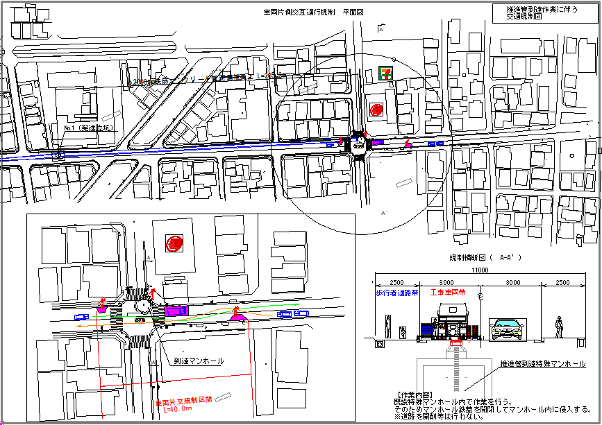 推進管到達作業に伴う交通規制の図